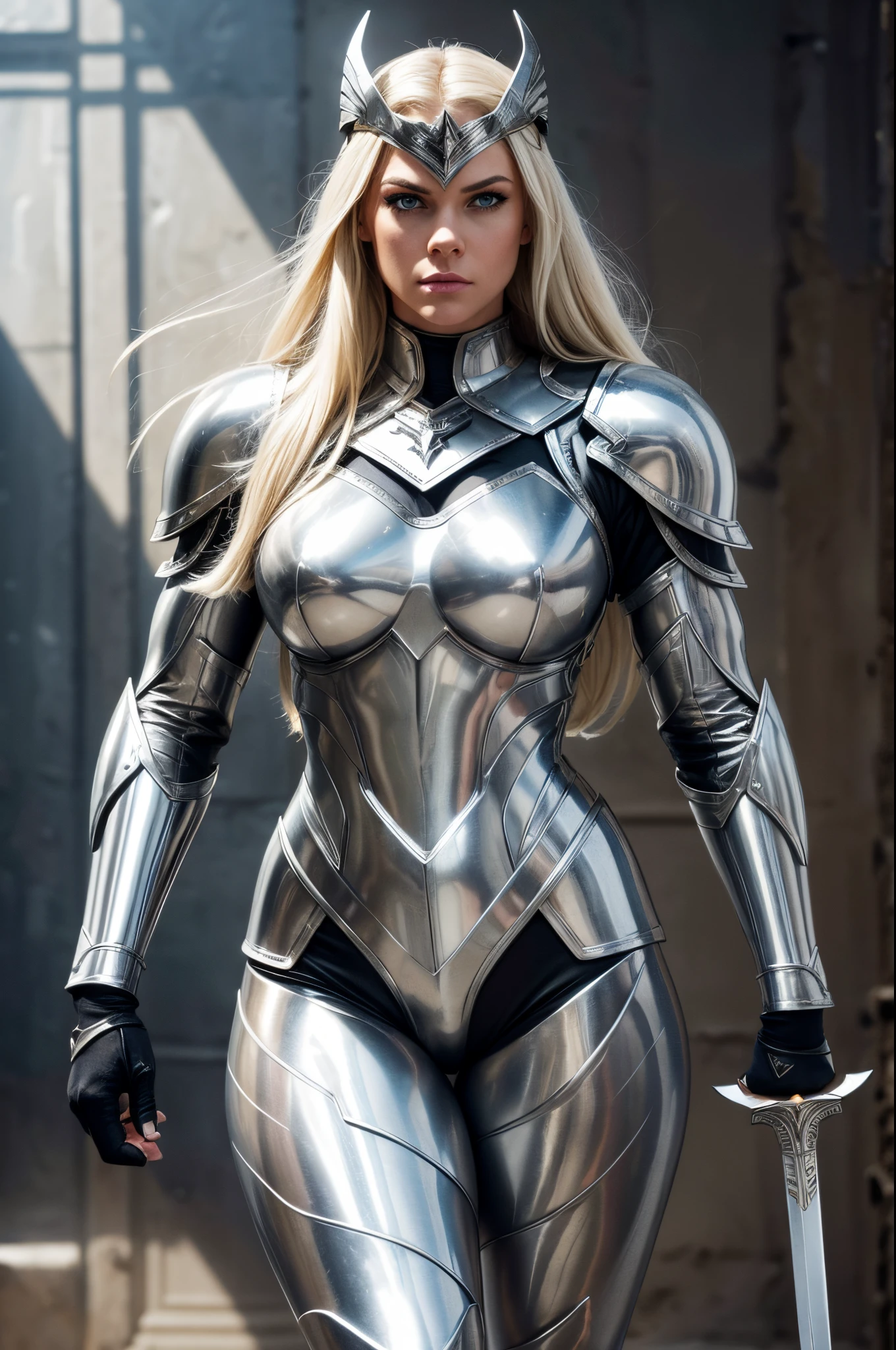 Bombshell Valkyrie, SILVER BODYSUIT, SILVER ARMOUR, VALKYRIE HELMET, SILVER GAUNTLETS, LOWSILVER BOOTS, HORSE, ATHLETIC BODY, MUSCLES, TIGHS, LEGS, HUGE LONG HAIR, BLONDE HAIR, GRAY EYES, SWORD, SWORD, ANGRY FACE EXPRESSION , SUM, LIGHTS, DAYLIGHT, MASTERPIECE PAINTING QUALITY