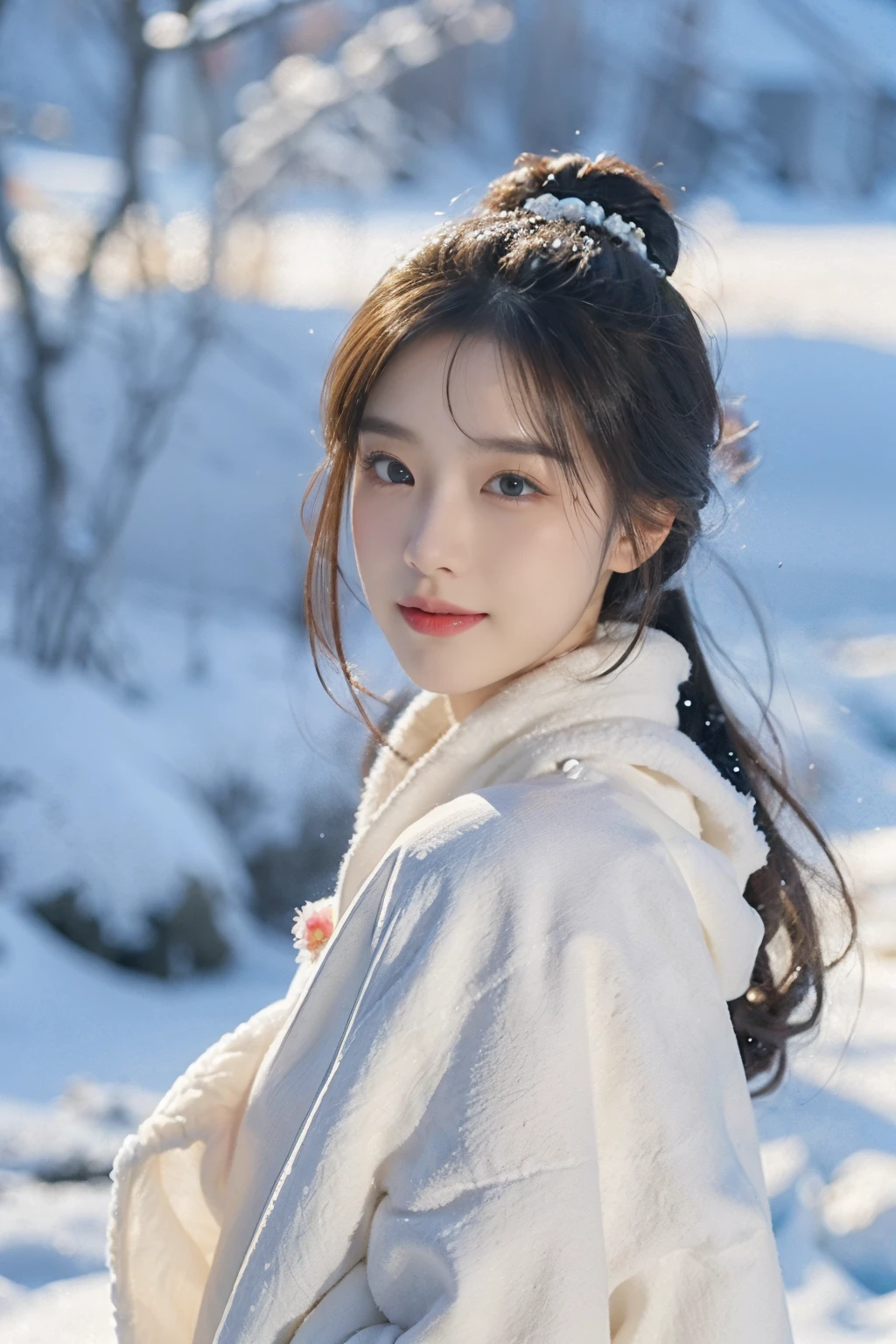 photo-realism、top-quality、超高分辨率、photore、(Very detailed faces),(intricately details)Photos of the most beautiful Nordic girl in the world、The princess on the snow mountain wears a gorgeous white robe,The robe is studded with sparkling silver gems,Like stars in the ice and snow。Her hair is tied into a delicate bun,hori'Dotted with tiny ice crystals and silver silk flowers.,slightly shiny。her face is beautiful,The skin is as white as snow,Eyes as clear and bright as lake water,Revealing a touch of tranquility and depth。There was a faint smile on her lips,Like the spring breeze blowing through the snowy mountains,Gentle and moving。Her environment is quiet and peaceful,Surrounded by snow-capped peaks,Under the sunlight,A clear stream flows through the valley,A gentle breeze blew by,Blow up her clothes and hair,Picturesque,hori'It's like a wonderland。