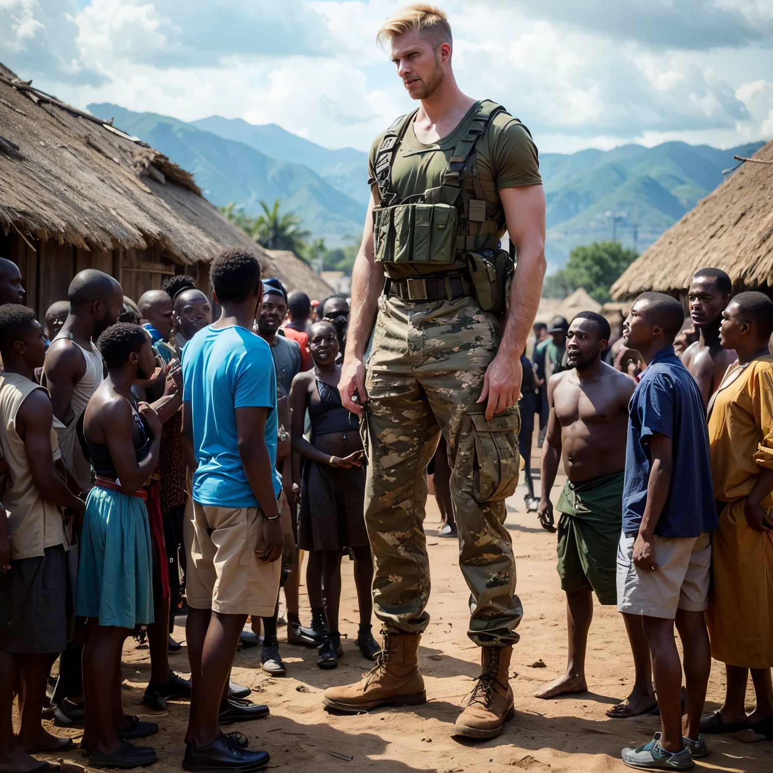 incredible tall and strong soldier, blond hair, military uniform, a group of short men, African village