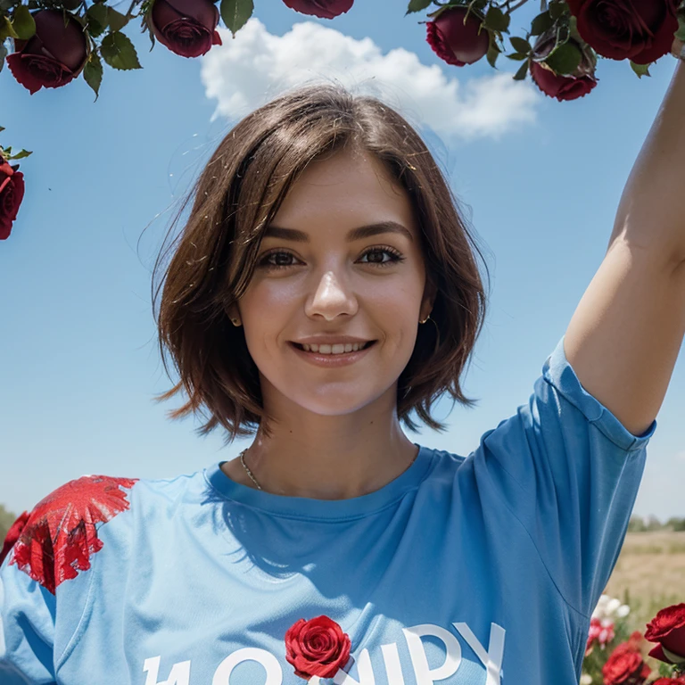 create an image of a number 12, with a blue sky background in the center full of red roses, with the phrase happy moms day