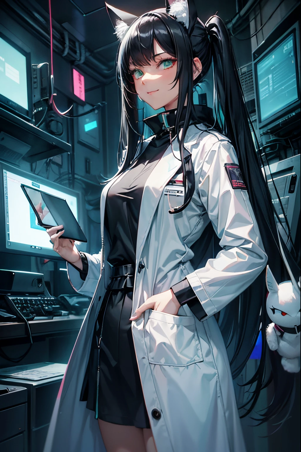 Cyber doctor girl, long medical white coat, mechanical cat ears in cyberpunk style on the head, Long black hair, Green eyes, Smiling, full length image, Static posture, looks at the viewer, holding a tablet in his right hand, left hand in robe pocket, whitebackground