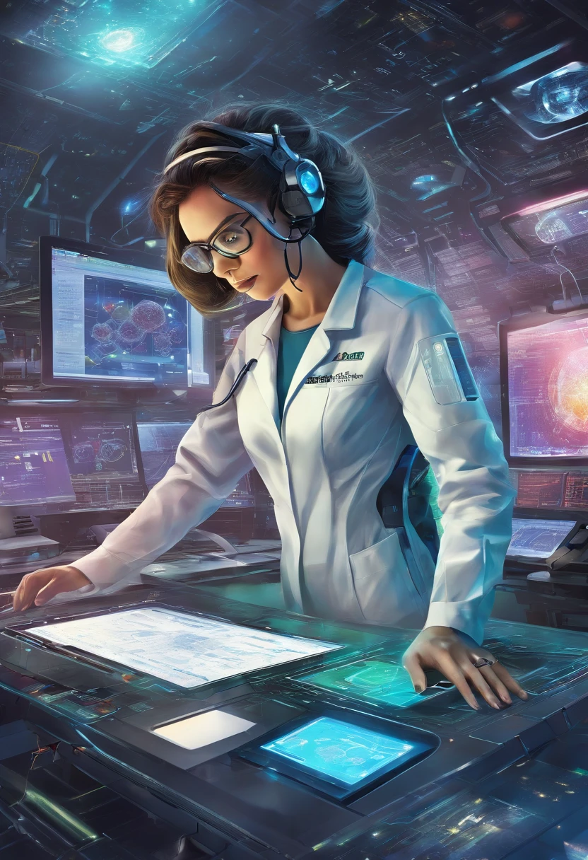 best quality,highres,(realistic,photorealistic:1.37),female scientist,working on device,hovering AI assistant,busy laboratory,advanced technology,modern equipment,innovative research,concentration,focused expression,intelligent assistant,assisting with calculations,complex experiments,scientific discovery,powerful algorithm,real-time data analysis,exciting breakthroughs,computer interface,high-tech gadgets,lab coat,goggles,precision instruments,green screen,high-tech laboratory,blueprints,lab safety,whiteboard with equations,team collaboration,flawless execution,groundbreaking discoveries,vivid colors,soft lighting,technical expertise,innovation at its peak