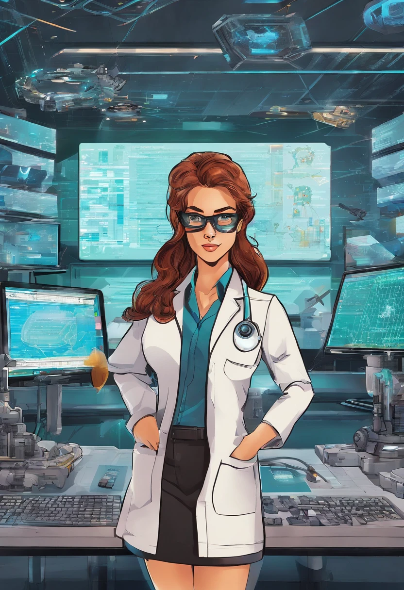 best quality,highres,(realistic,photorealistic:1.37),female scientist,working on device,hovering AI assistant,busy laboratory,advanced technology,modern equipment,innovative research,concentration,focused expression,intelligent assistant,assisting with calculations,complex experiments,scientific discovery,powerful algorithm,real-time data analysis,exciting breakthroughs,computer interface,high-tech gadgets,lab coat,goggles,precision instruments,green screen,high-tech laboratory,blueprints,lab safety,whiteboard with equations,team collaboration,flawless execution,groundbreaking discoveries,vivid colors,soft lighting,technical expertise,innovation at its peak