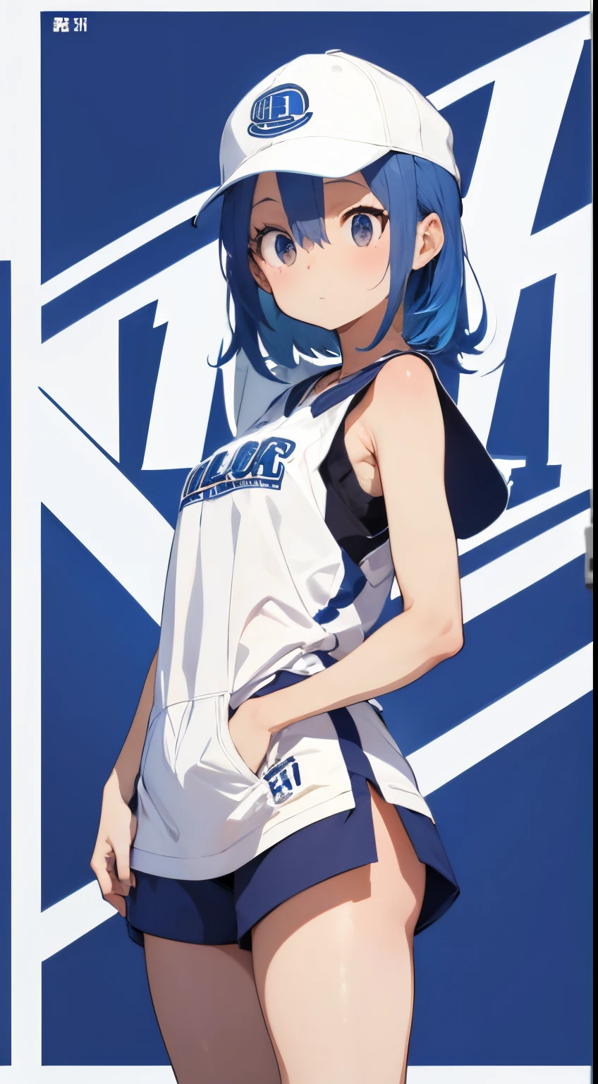 Random basketball player, white skin girl, cool basketball shot shot with blue hair, happy, cute shy girl, sexy, skinny, to lay down, tomboy, cool basketball court background, black binnie, cap