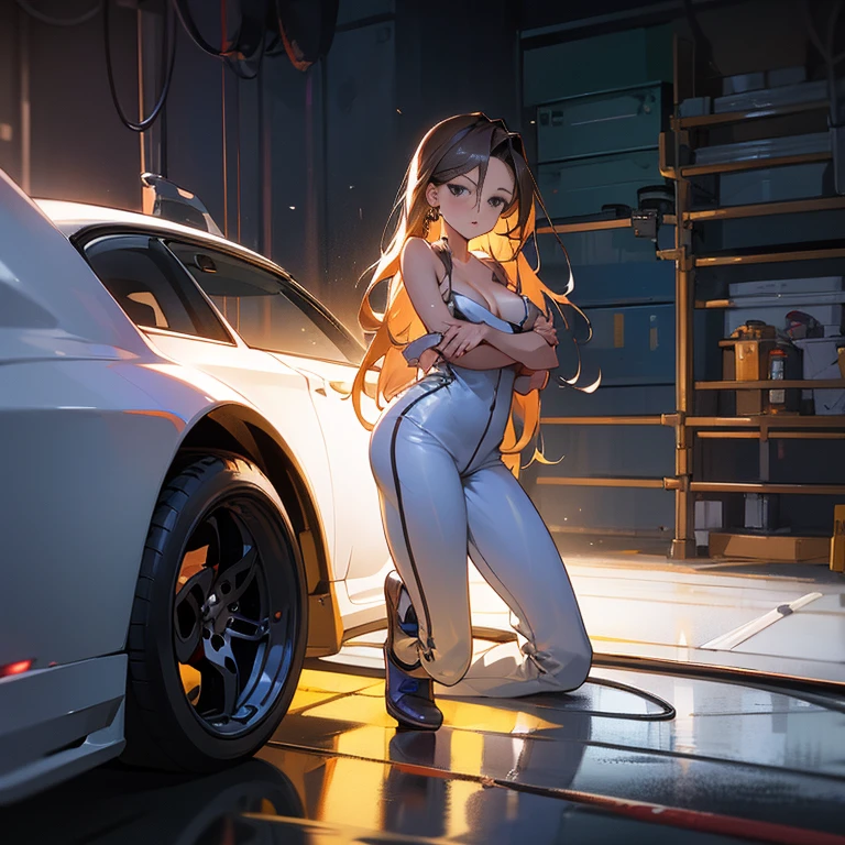 1girl, long_hair, portrait, full body, mechanic jump suit, car tyre in front, white transparent shirt, long hair, earrings, car garage background, toolbox, hammer, spanner, hoses, topless, naked, cleavage, sweat