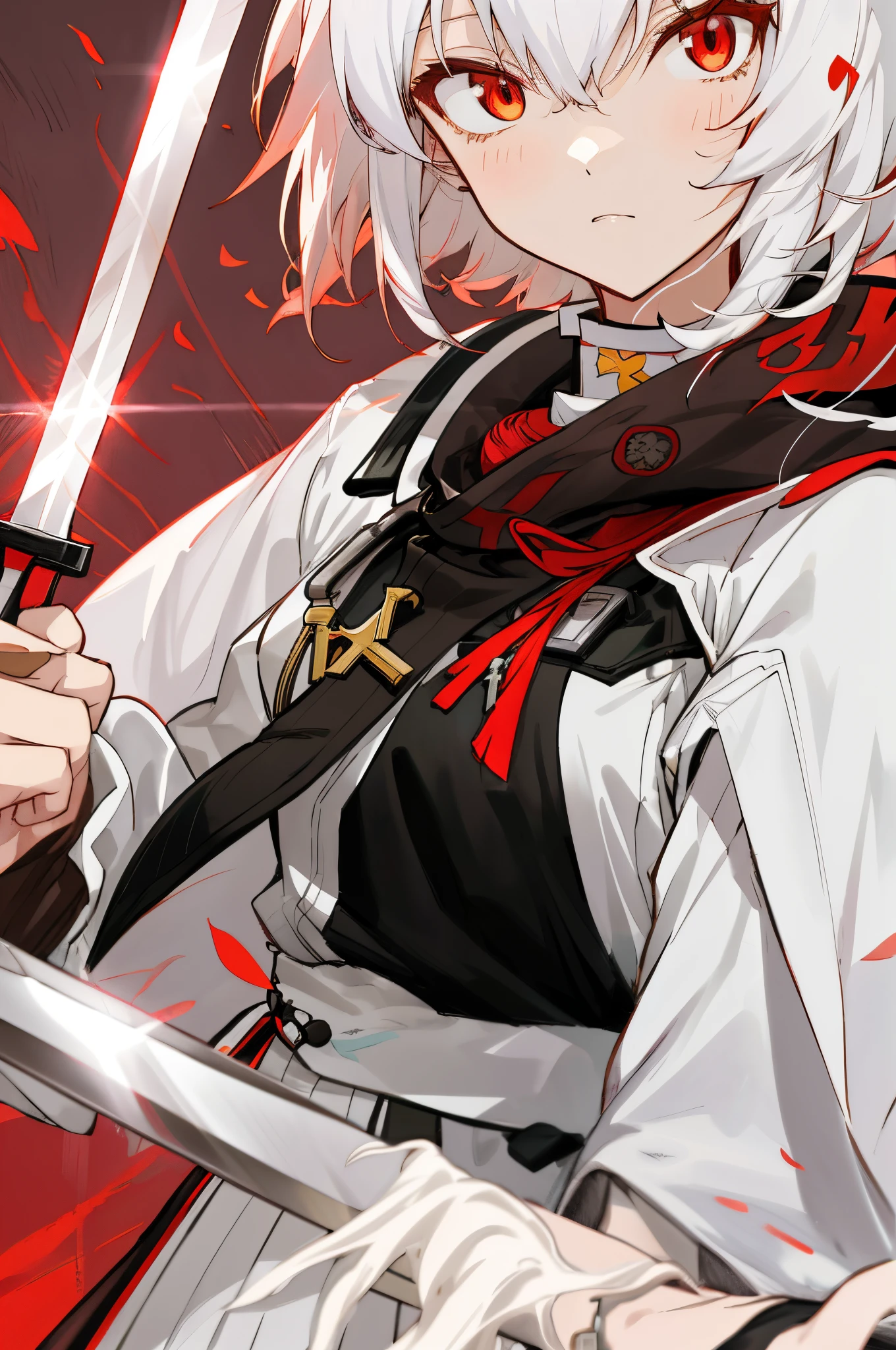 upper body, 2boy, white hair, brown hair, red eyes, (samurai), katana, wallpaper, magic circle background, light particles, red fire,
