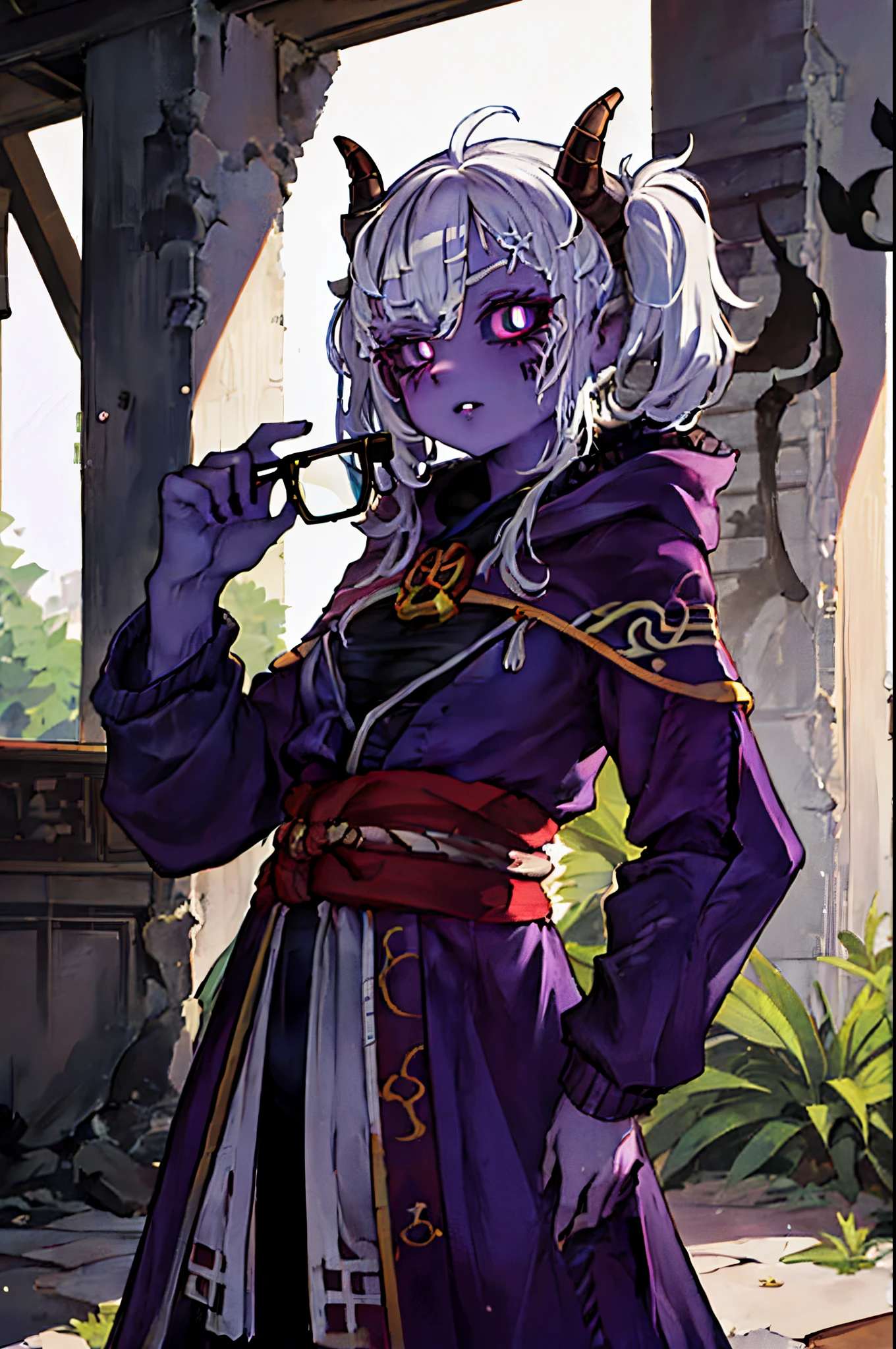 femboy, messy pigtails, oni, gijinka-majora, horns white hair, purple skin, coloured skin, glasses, purple, ruins, templeblack sclera, colored sclera