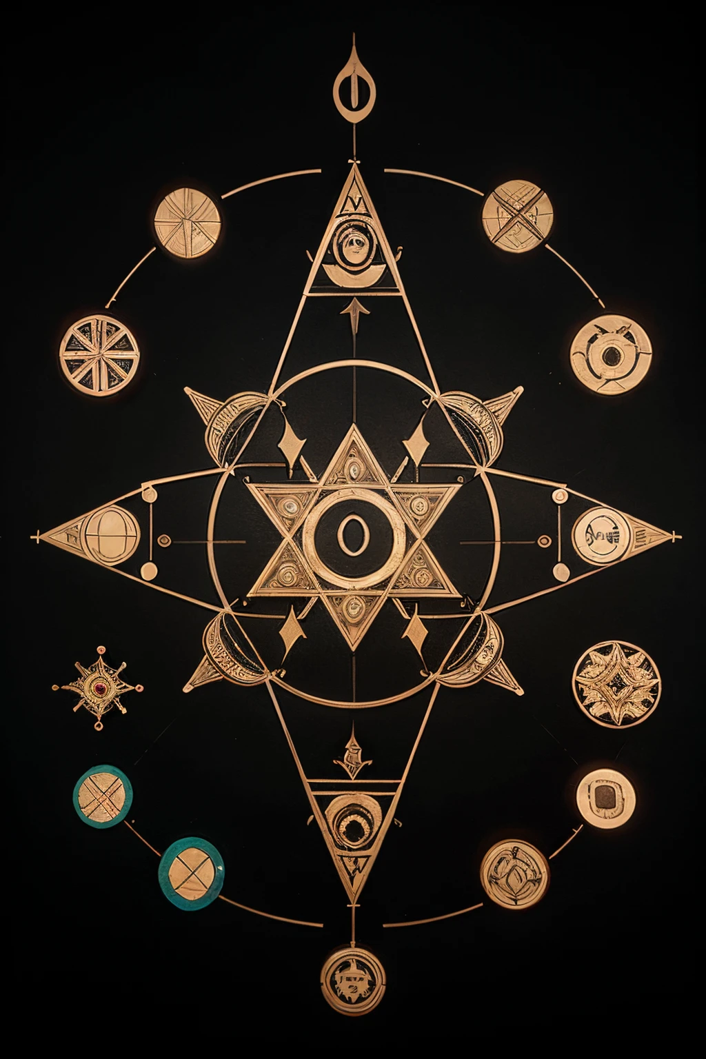 using symbols, runas, geometric shapes and characters from all cultures create a seventh level magic circle drawn on paper