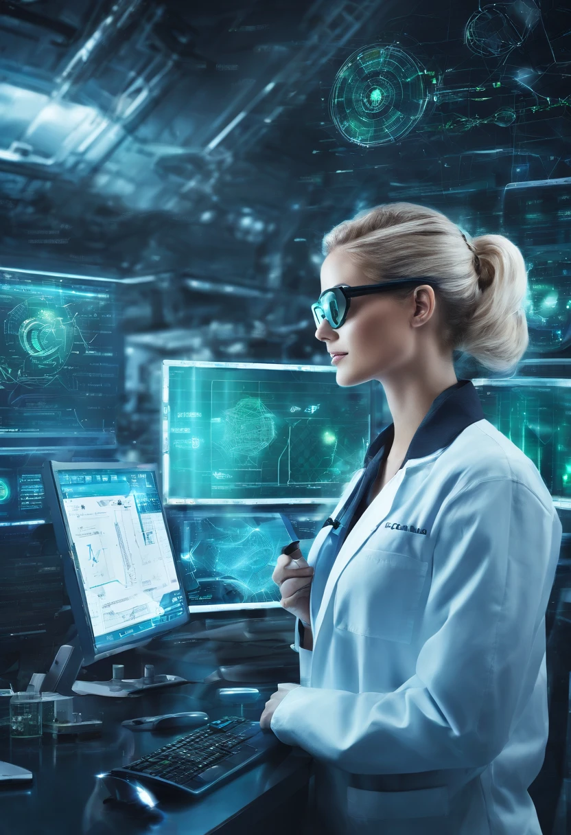 best quality,highres,(realistic,photorealistic:1.37),female blonde scientist,working on device,hovering AI assistant,busy laboratory,advanced technology,modern equipment,innovative research,concentration,focused expression,intelligent assistant,assisting with calculations,complex experiments,scientific discovery,powerful algorithm,real-time data analysis,exciting breakthroughs,computer interface,high-tech gadgets,lab coat,goggles,precision instruments,green screen,high-tech laboratory,blueprints,lab safety,whiteboard with equations,team collaboration,flawless execution,groundbreaking discoveries,vivid colors,soft lighting,technical expertise,innovation at its peak, realistic