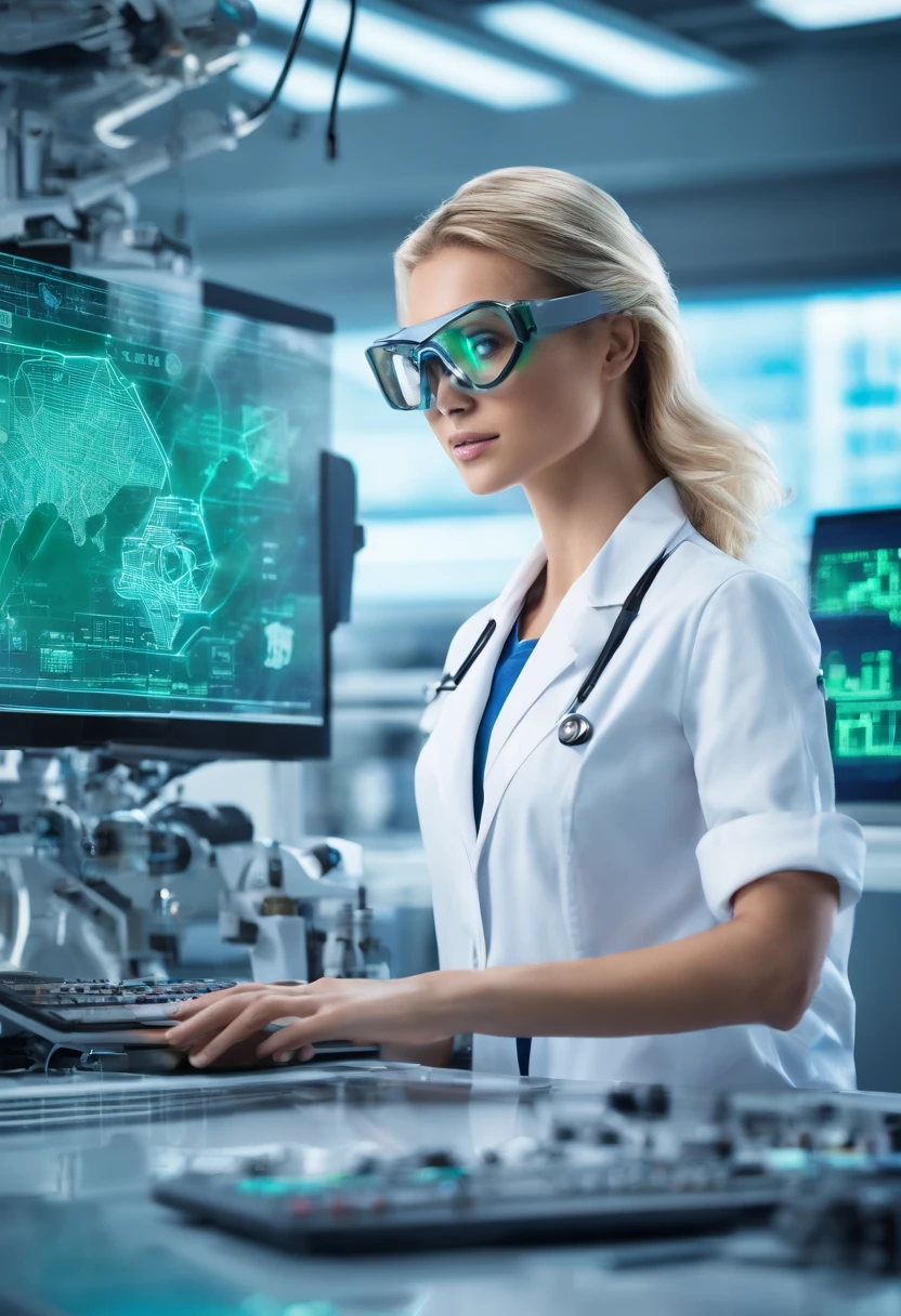 best quality,highres,(realistic,photorealistic:1.37),female blonde scientist,working on device,hovering AI assistant,busy laboratory,advanced technology,modern equipment,innovative research,concentration,focused expression,intelligent assistant,assisting with calculations,complex experiments,scientific discovery,powerful algorithm,real-time data analysis,exciting breakthroughs,computer interface,high-tech gadgets,lab coat,goggles,precision instruments,green screen,high-tech laboratory,blueprints,lab safety,whiteboard with equations,team collaboration,flawless execution,groundbreaking discoveries,vivid colors,soft lighting,technical expertise,innovation at its peak, realistic