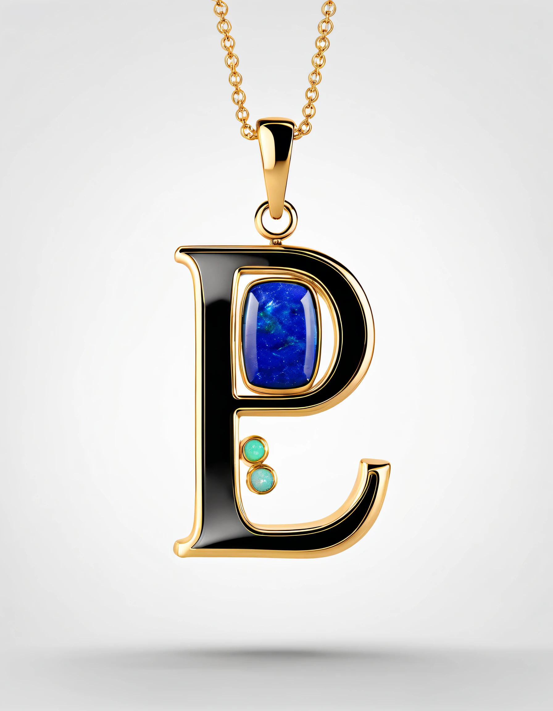 pendant design,Logo design，European and American minimalist style， (Letter P pendant design), （double opal：1.0）, Black gold border, lapis lazuli，turquesa，black shell，Van Cleef & Arpels ,cartier, Background with: The white,The content is very detailed, Best quality, tmasterpiece, A high resolution, hyper realisitc, 8K,gentlesoftlighting，