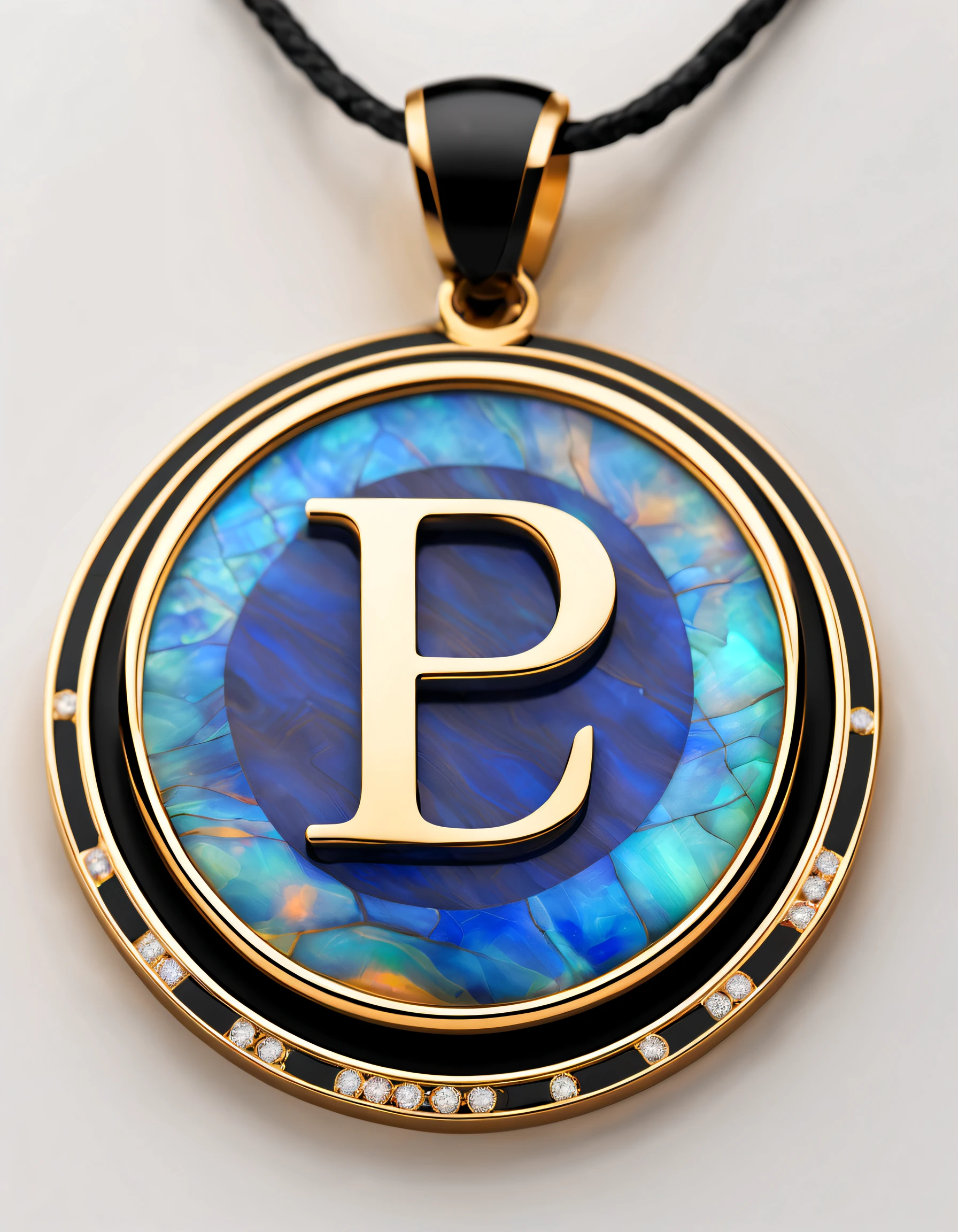 pendant design,Logo design,European and American minimalist style, (Letter P pendant design), (double opal:1.0), Black gold border, lapis lazuli,turquesa,black shell,Van Cleef & Arpels ,cartier, Background with: The white,The content is very detailed, Best quality, tmasterpiece, A high resolution, hyper realisitc, 8K,gentlesoftlighting,