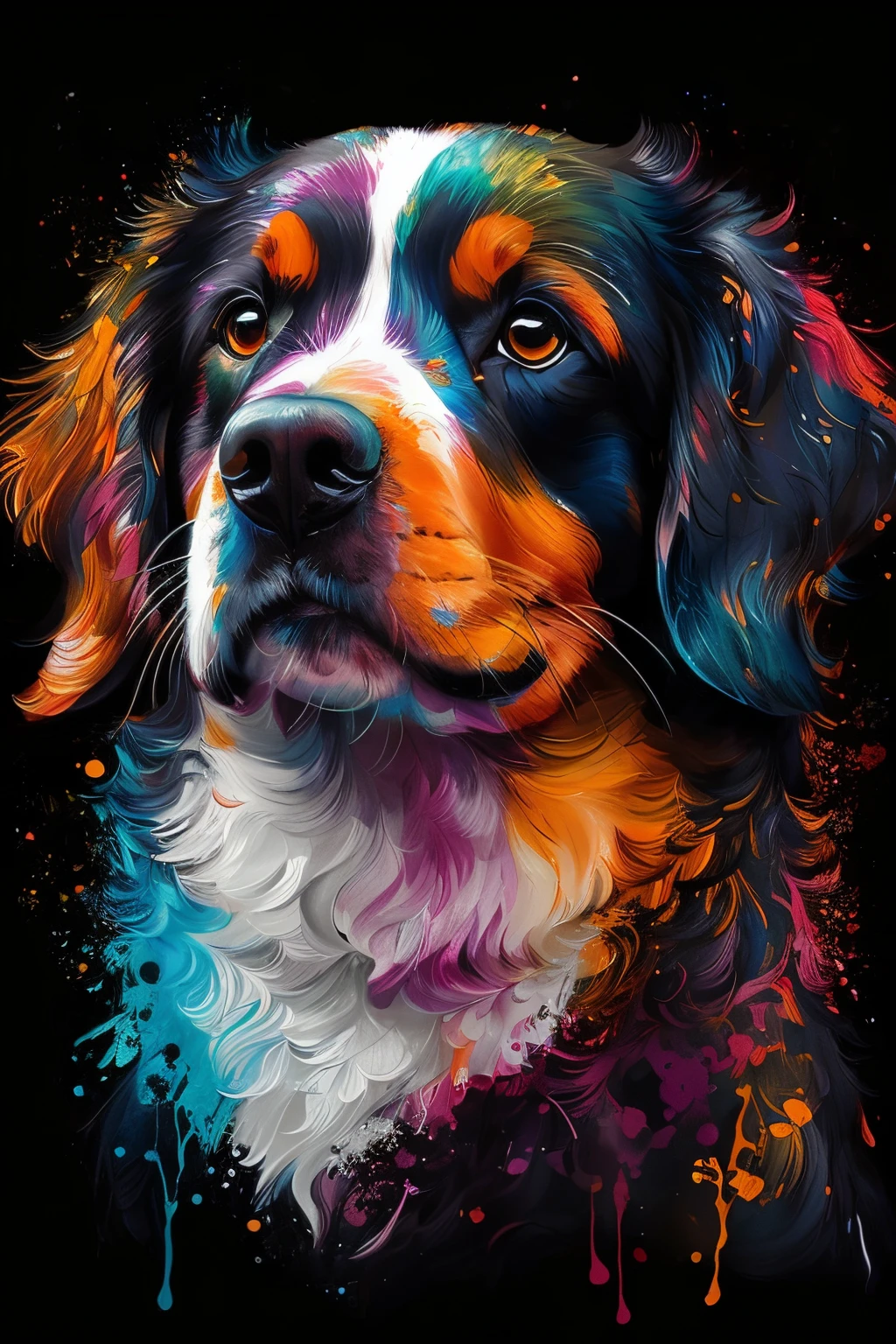 um close up de um cachorro com respingos de tinta no rosto, cheio de cores e detalhes ricos, arte digital. altamente detalhado, pintado em aquarelas brilhantes, painting of cute dog, pintura animal, pintura digital altamente detalhada, arte digital altamente detalhada, arte digital altamente detalhada, Grande arte digital com detalhes, pintura de alta detalhamento, retrato animal, lindamente pintado