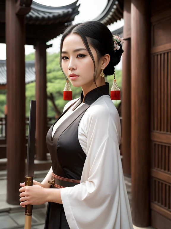 Best quality, masterpiece, ultra high resolution, (photorealistic: 1.4), xiuxian, weapon, detailed face, 1girl, solo, weapon, neckline, (magic circle: 1.2), xiuxian, upper body, beautiful girl, full body, east asian architecture, sheath, architecture,