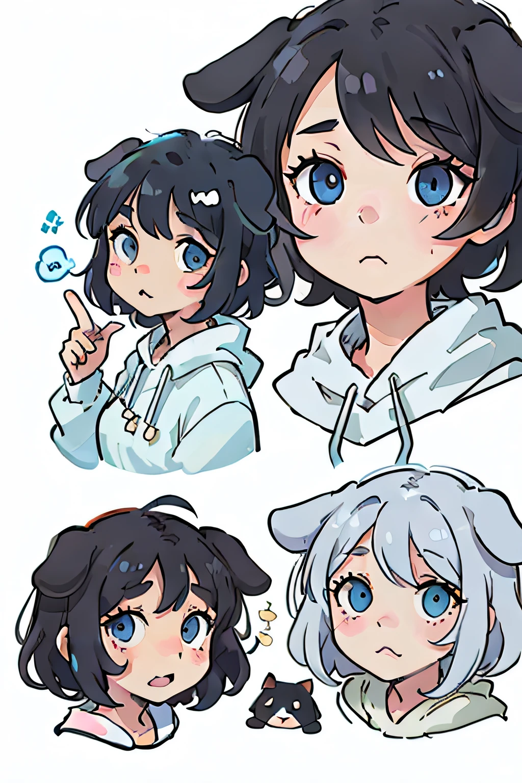 Cute puppy,black color hair,dog ears,Light blue eyes,Various expressions,having fun,expression,adorable eyes,White BE, illustration-nii 5-style cute, emoji as illustration set, with boold manga line style,
dynamic pose dark white,,f/64 groups,related characters,Old
Meme Kernel