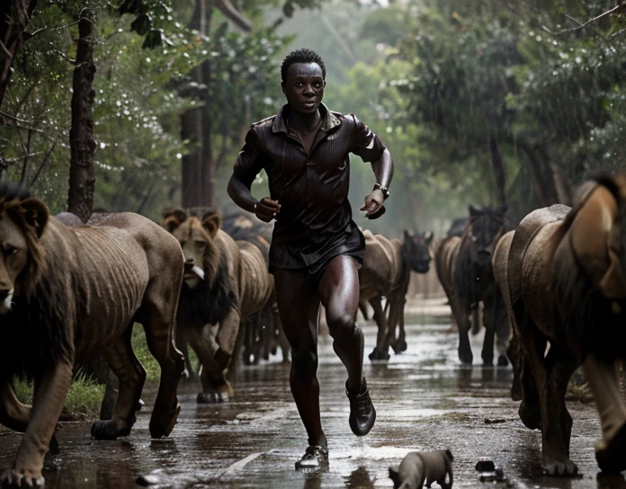 A black African  running in a midst forest surrounded with lions at the back, with horror surounding environments like light dark and rain, photo-realistic, movie style, Realistic materials, Regular appearance  ,Natural dark skin tone, Not perfect skin, Without cosmetics,