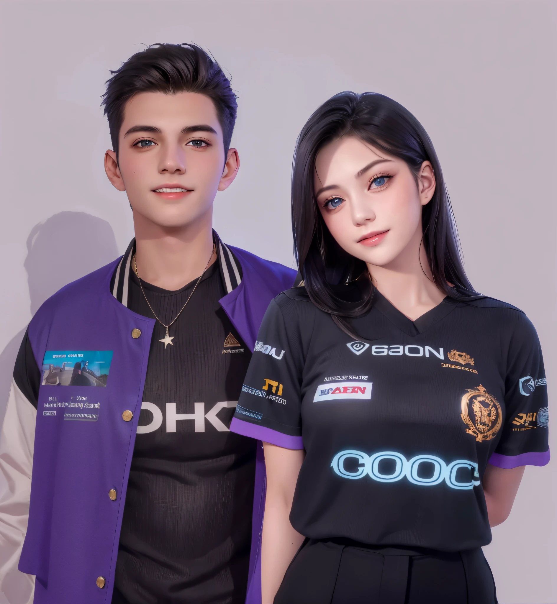 2 people, young woman and young man, best quality, masterpiece, ultra high res, (photorealistic:1.37), raw photo, 1girl, long hair, beautifull eyes, beautifull face, detailed eyes and face, t-shirt, dynamic lighting, in the dark, deep shadow, low key, cowboy shot, smile, black hair