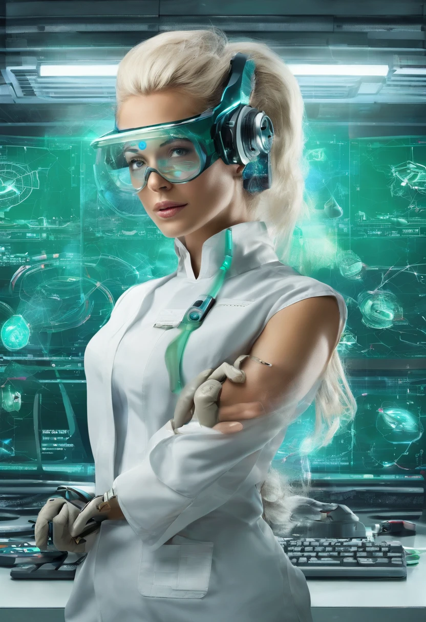 best quality,highres,(realistic,photorealistic:1.37),female blonde scientist, huge breasts, working on device,hovering AI assistant,busy laboratory,advanced technology,modern equipment,innovative research,concentration,focused expression,intelligent assistant,assisting with calculations,complex experiments,scientific discovery,powerful algorithm,real-time data analysis,exciting breakthroughs,computer interface,high-tech gadgets,latex lab coat,goggles,precision instruments,green screen,high-tech laboratory,blueprints,lab safety,whiteboard with equations,team collaboration,flawless execution,groundbreaking discoveries,vivid colors,soft lighting,technical expertise,innovation at its peak, realistic
