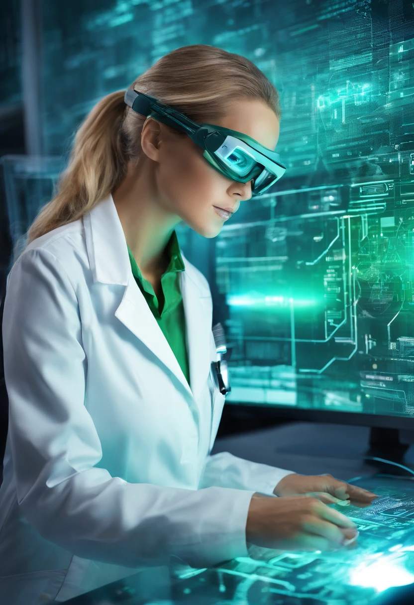 best quality,highres,(realistic,photorealistic:1.37),female blonde scientist, huge breasts, working on device,hovering AI assistant,busy laboratory,advanced technology,modern equipment,innovative research,concentration,focused expression,intelligent assistant,assisting with calculations,complex experiments,scientific discovery,powerful algorithm,real-time data analysis,exciting breakthroughs,computer interface,high-tech gadgets,latex lab coat,goggles,precision instruments,green screen,high-tech laboratory,blueprints,lab safety,whiteboard with equations,team collaboration,flawless execution,groundbreaking discoveries,vivid colors,soft lighting,technical expertise,innovation at its peak, realistic