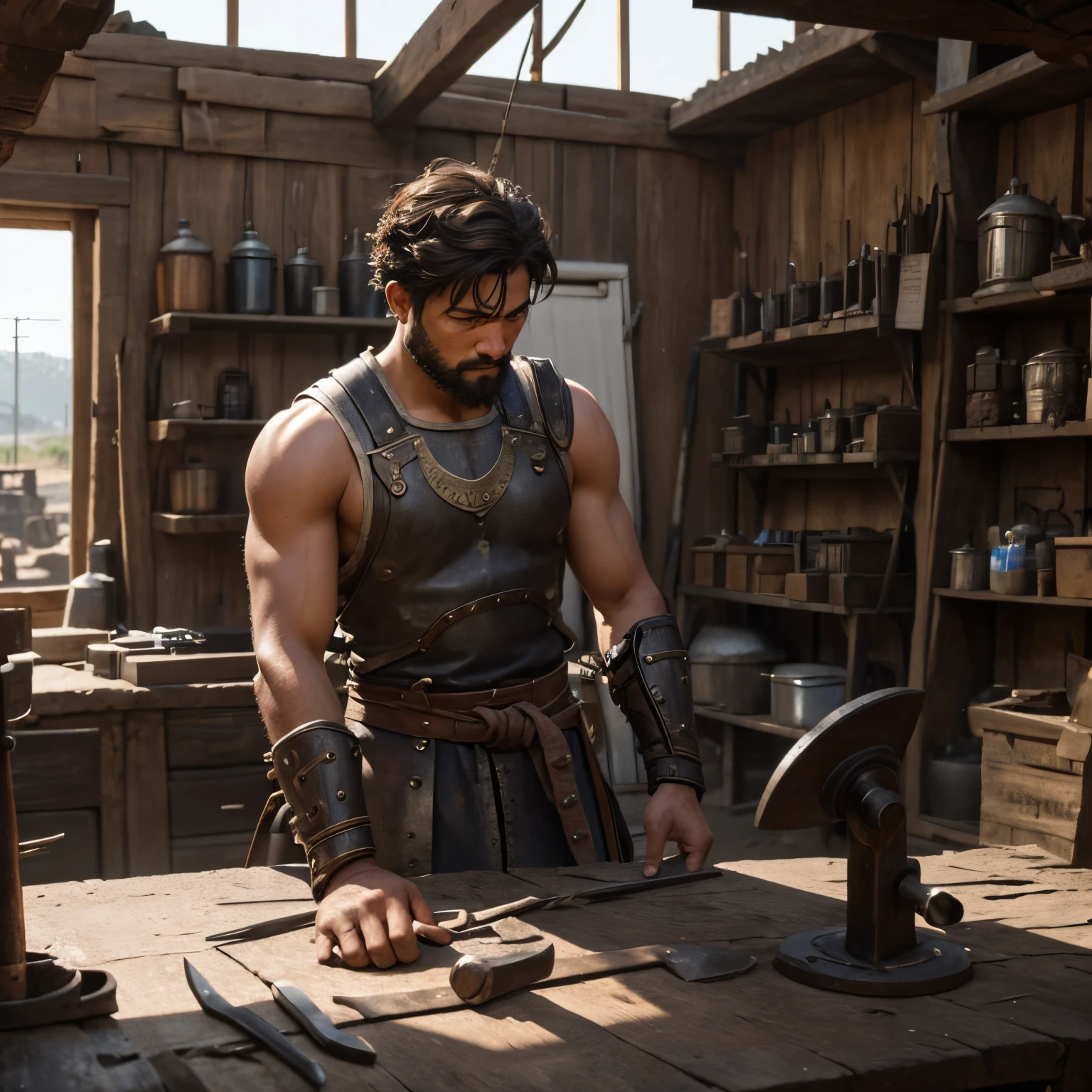 A human warrior (male) who goes to a blacksmith shop in a town where people go for repairs.