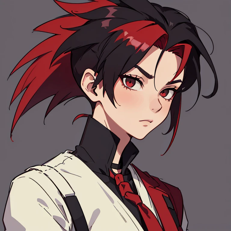 Androgynous person with a red and black mohawk hairstyle, bust