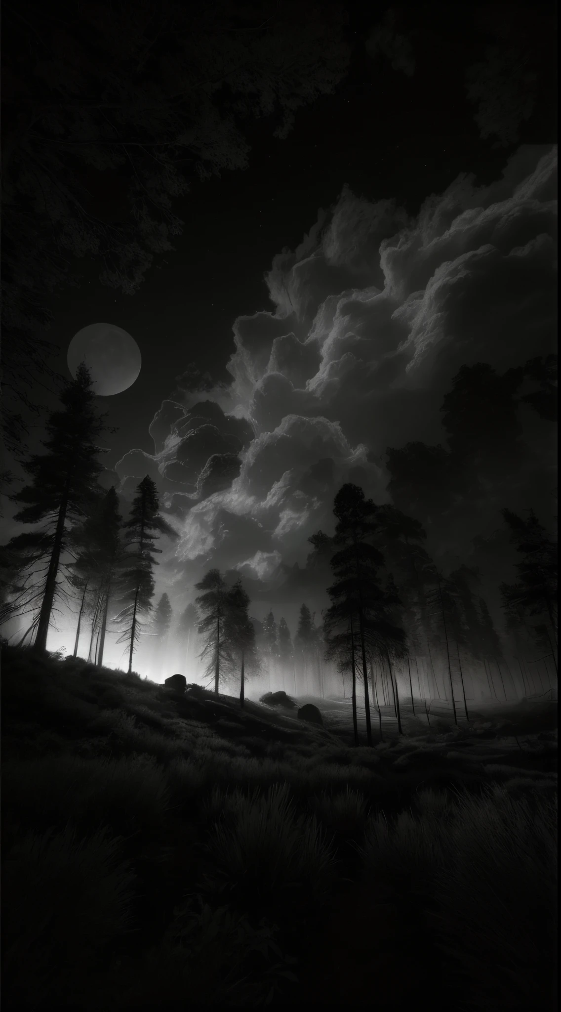 a black and white photo of a full moon in the sky, an image of a moonlit forest, forest and moon, moonlit forest, moonlit forest environment, dramatic moonlit lighting, dramatic moonlight, inspired by Grzegorz Domaradzki, nighttime moonlit, forest at night, moonlit night dreamy atmosphere, 4 0 k, 40k