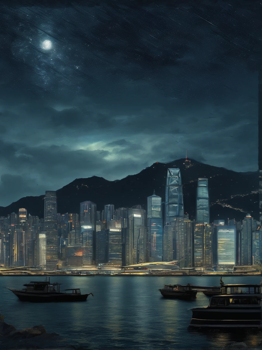 Van Gogh‘s painting style, Hong Kong Victoria Harbor night view, Star night, Color Field painting, Impressionism, chiaroscuro, vanishing point, wide shot, Ultra-Wide Angle, 8k, super detail, ccurate, best quality, masterpiece, best quality