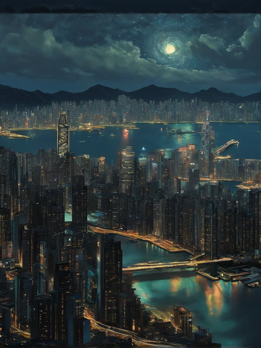 Van Gogh‘s painting style, Hong Kong Victoria Harbor night view, Star night, Color Field painting, Impressionism, chiaroscuro, vanishing point, wide shot, Ultra-Wide Angle, 8k, super detail, ccurate, best quality, masterpiece, best quality