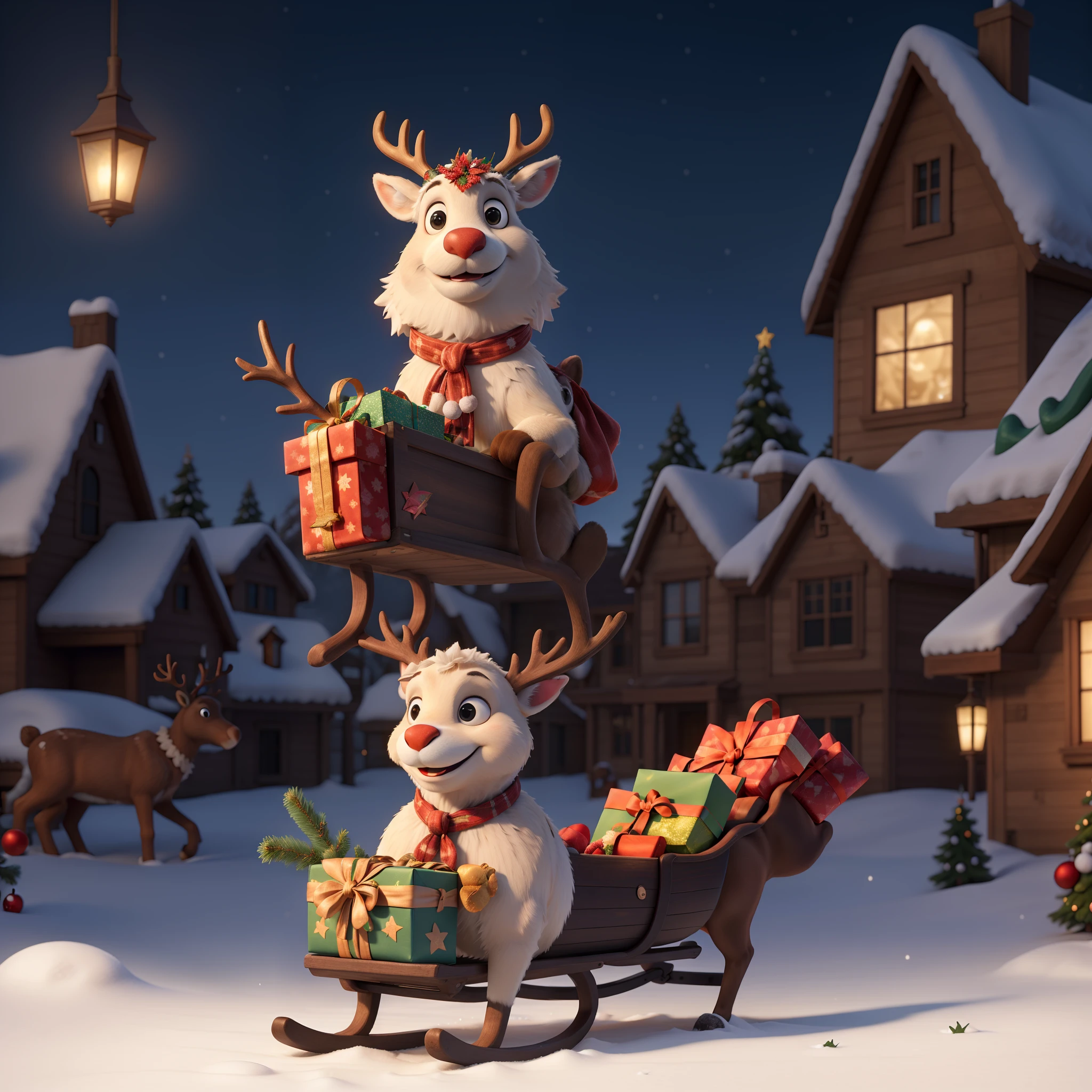 A 45-degree view of a Christmas reindeer riding a sleigh carrying a gift bag full of Christmas elements