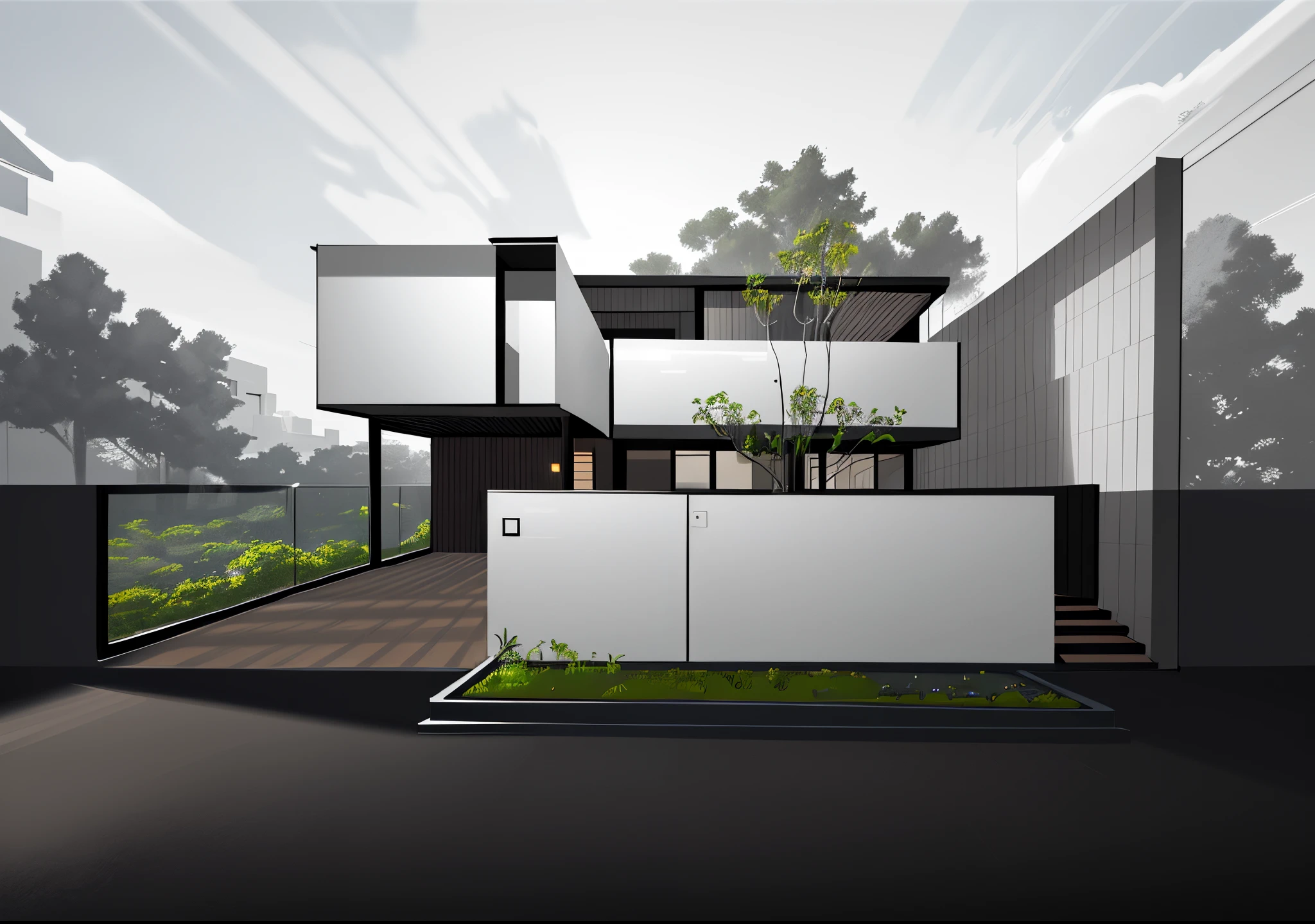 a drawing of a house with a lot of windows and a lot of plants, sketch illustration, architectural sketch, architectural illustration, architectural concepts, architectural concept, concept house, line sketch, architecture concept, drawing architecture, sketch black and white colors, contemporary house, concept drawing, professional sketch, architecture drawing, black and white sketch, sketching, line - art, conceptual rendering