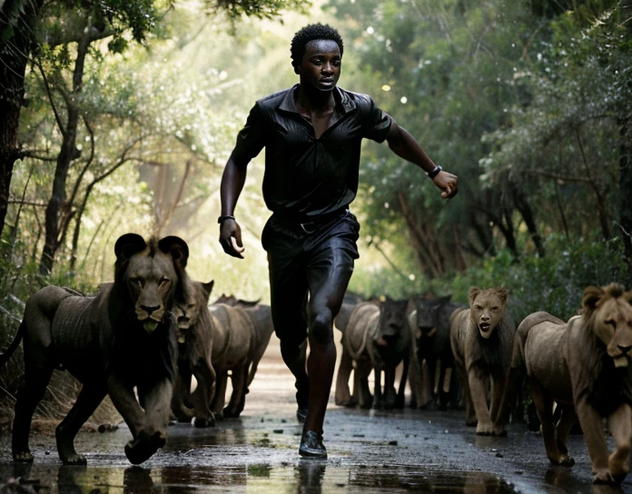 A black African child running in a midst forest surrounded with lions at the back, with horror surounding environments like light dark and rain, photo-realistic, movie style, Realistic materials, Regular appearance  ,Natural dark skin tone, Not perfect skin, Without cosmetics,