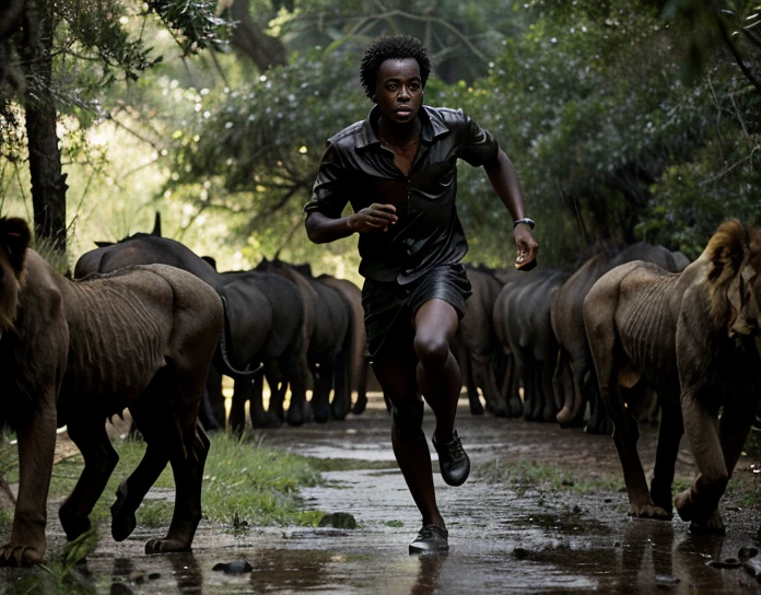 A black African child running in a midst forest surrounded with lions at the back, with horror surounding environments like light dark and rain, photo-realistic, movie style, Realistic materials, Regular appearance  ,Natural dark skin tone, Not perfect skin, Without cosmetics,