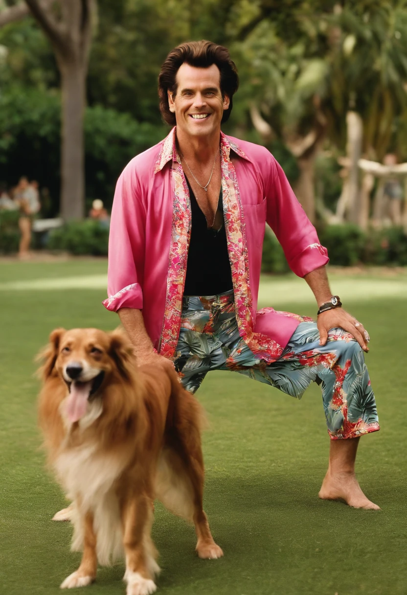 A video of Ace Ventura leading a group of dogs in a morning yoga session in a park,Ace Ventura: Pet Detective,Appearance-wise, Ace Ventura is instantly recognizable by his wild, styled hair and colorful Hawaiian shirts, often paired with striped trousers and heavy boots. His expressive facial features, highlighted by his wide grin and animated gestures, add to his quirky persona. Overall, Ventura’s appearance and mannerisms are as unconventional and distinctive as his detective methods.