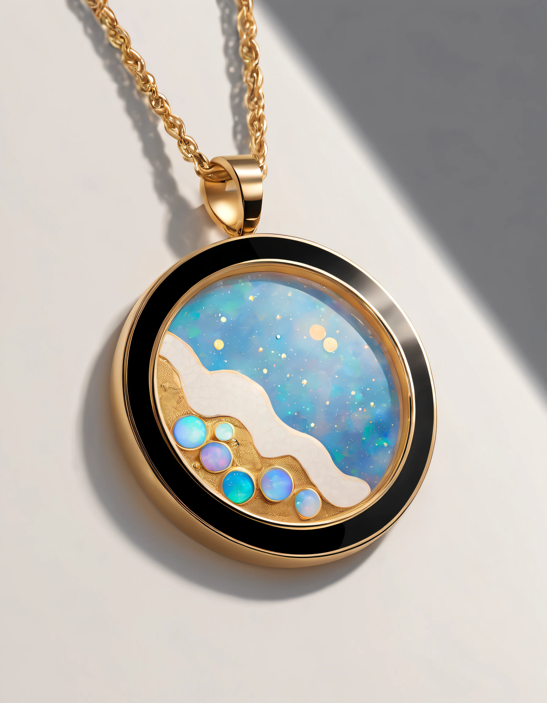 Item design, pendant design, logo design, (a simple round pendant), inlaid with a double opal, black gold border, 12 constellation symbols, 12 constellation patterns, Van Cleef & Arpels, Cartier,
Background: White,by John Pawson,by Toyo Ito,by Zaha Hadid,extremely detailed, best quality, masterpiece, high resolution, Hyperrealistic, 8K, Loop lighting,Mediterranean style, Eclectic,