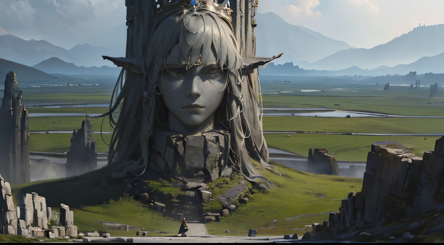 oilpainting of a gigantic king stone statue in a vast landscape, ((camera from ground)), ((panoramic view)), ((king, grey stone, stone statue, cracks, old and mossy)), (vast landscape with forest in background), style of the lord of the rings, style of Alan Lee, 2002,