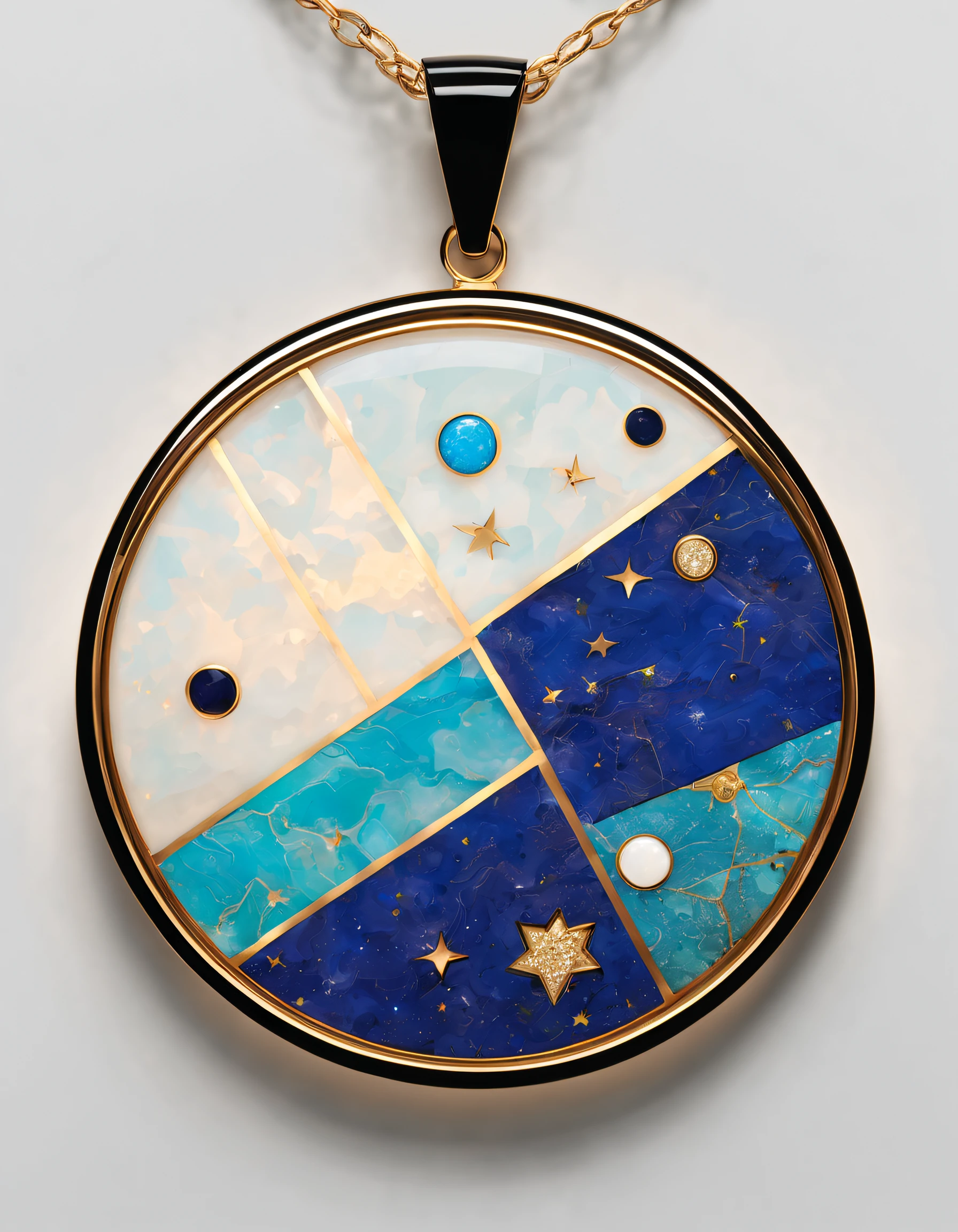 Item design, pendant design, logo design, (a simple round pendant), sense of technology, (inlaid with a double opal ), black gold border,(12 constellation symbols),(12 constellation patterns), lapis lazuleite, turquoise, Van Cleef & Arpels, Cartier,
Background: White,by John Pawson,by Toyo Ito,by Zaha Hadid,extremely detailed, best quality, masterpiece, high resolution, Hyperrealistic, 8K, Loop lighting,Mediterranean style, Eclectic,