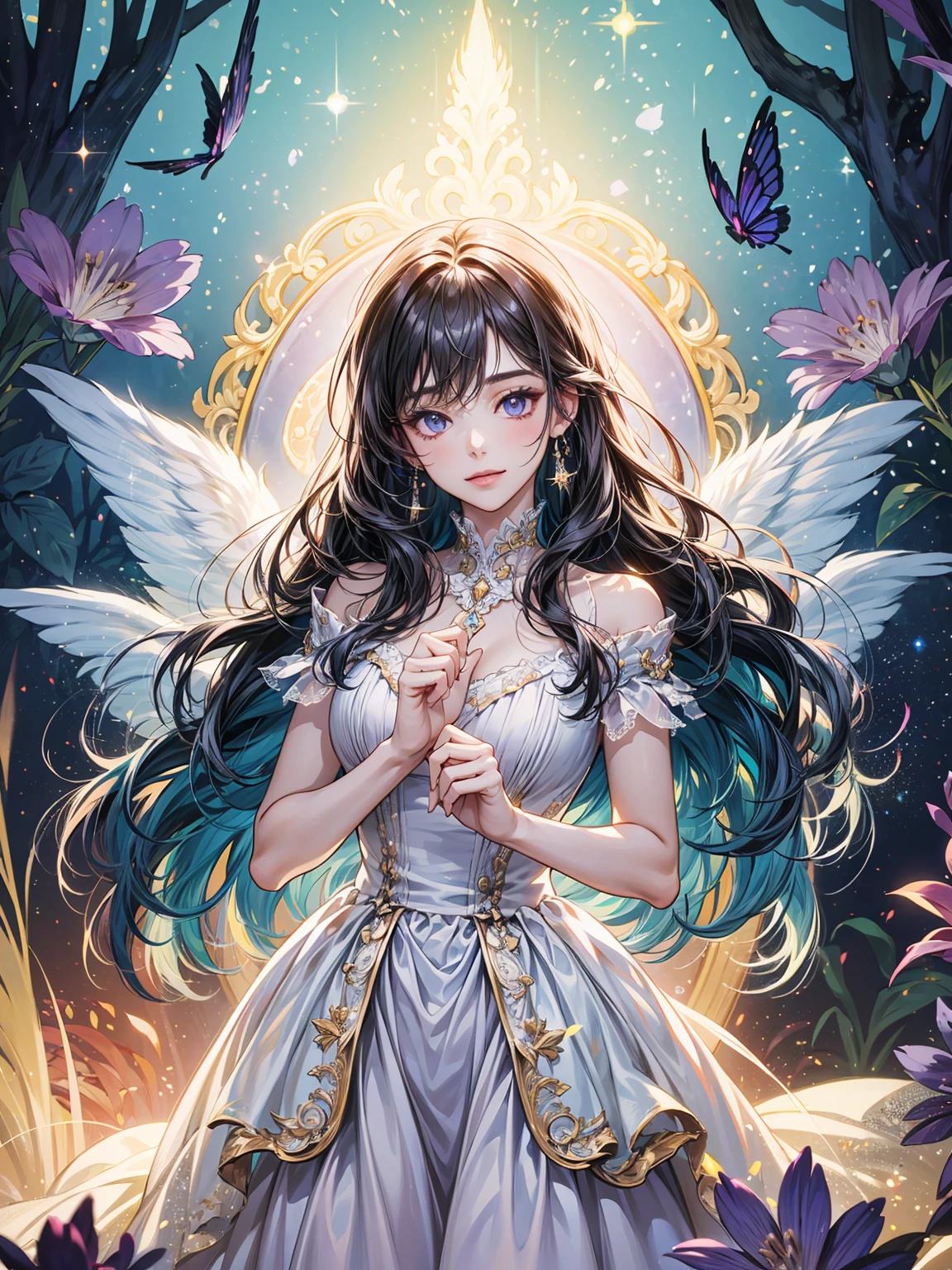 1girl,happy expression,(purple:1.1,white:1.1), masterpiece, best quality, fantasy,fantasy dress,luminous fabric, vibrant colors, dream-like scenery, glowing flowers, ethereal light, sparkling stars, enchanting atmosphere, magical aura, serene and peaceful mood, flowing and soft textures, delicate details, intricate patterns, whimsical elements, fairytale-like setting, mystical ambiance, radiant and enchanting, surreal and otherworldly, ethereal beauty, mystical glow, (add_detail:1)