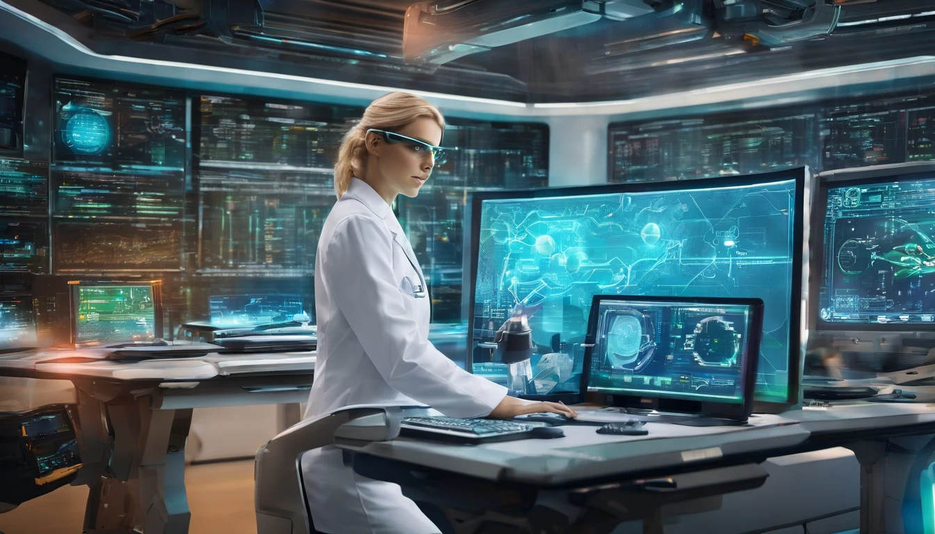 best quality,highres,(realistic,photorealistic:1.37),female blonde scientist,working on device,hovering AI assistant,busy laboratory,advanced technology,modern equipment,innovative research,concentration,focused expression,intelligent assistant,assisting with calculations,complex experiments,scientific discovery,powerful algorithm,real-time data analysis,exciting breakthroughs,computer interface,high-tech gadgets,lab coat,goggles,precision instruments,green screen,high-tech laboratory,blueprints,lab safety,whiteboard with equations,team collaboration,flawless execution,groundbreaking discoveries,vivid colors,soft lighting,technical expertise,innovation at its peak, realistic