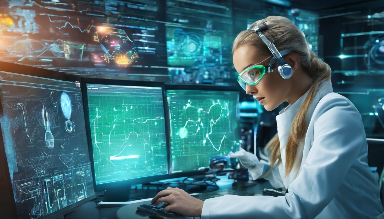 best quality,highres,(realistic,photorealistic:1.37),female blonde scientist,working on device,hovering AI assistant,busy laboratory,advanced technology,modern equipment,innovative research,concentration,focused expression,intelligent assistant,assisting with calculations,complex experiments,scientific discovery,powerful algorithm,real-time data analysis,exciting breakthroughs,computer interface,high-tech gadgets,lab coat,goggles,precision instruments,green screen,high-tech laboratory,blueprints,lab safety,whiteboard with equations,team collaboration,flawless execution,groundbreaking discoveries,vivid colors,soft lighting,technical expertise,innovation at its peak, realistic