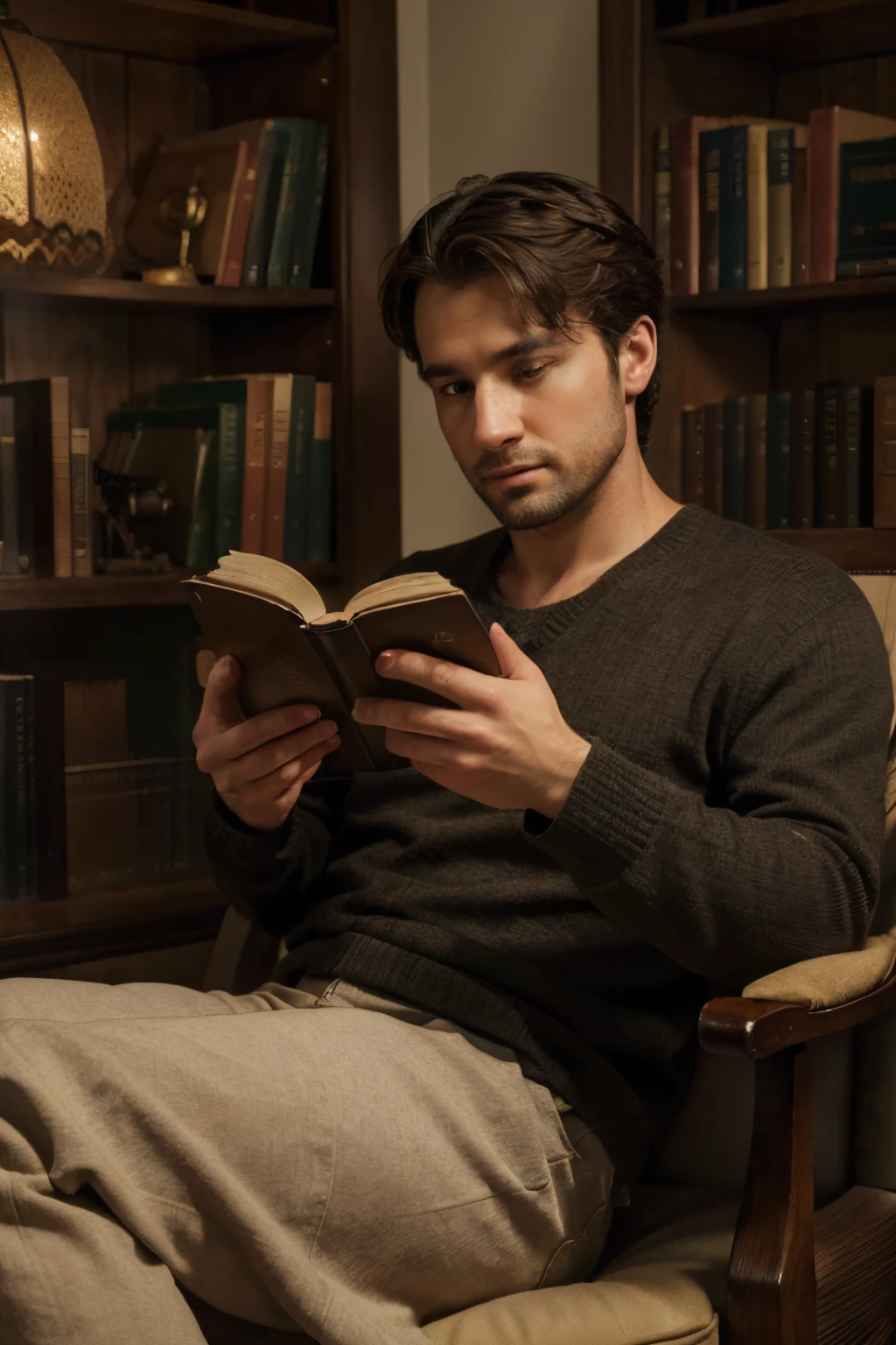 (best quality,4k,8k,highres,masterpiece:1.2),realistic,portrait,detailed,30-year-old man reading a book,beautifully detailed eyes,dark hair,sharp focus,book pages with fine print,studio lighting,warm color tone,comfortable reading chair,bookshelf filled with classics,peaceful atmosphere