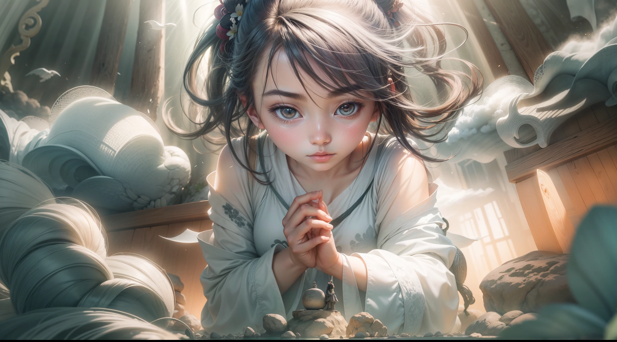 masterpiece, best quality,blind box toy style, ghibli-like colors, from the side, atmospheric perspective, f/1.8, UHD, masterpiece, ccurate, high detail, high quality, high resolution, a panda meditating, meditating, hands folded, chinese auspicious clouds, surrounding, flowing,