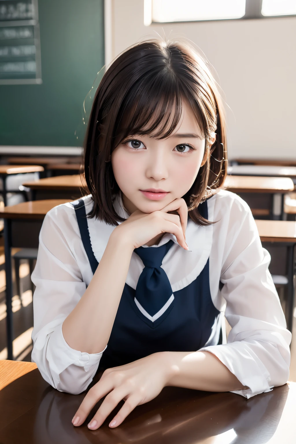 (top-quality、8K、32K、masterpiece,)Beautiful schoolgirl、Bob Style、A dark-haired、No makeup、school uniform、schools、Sitting on a chair in a classroom、natural soft light、Soft atmosphere