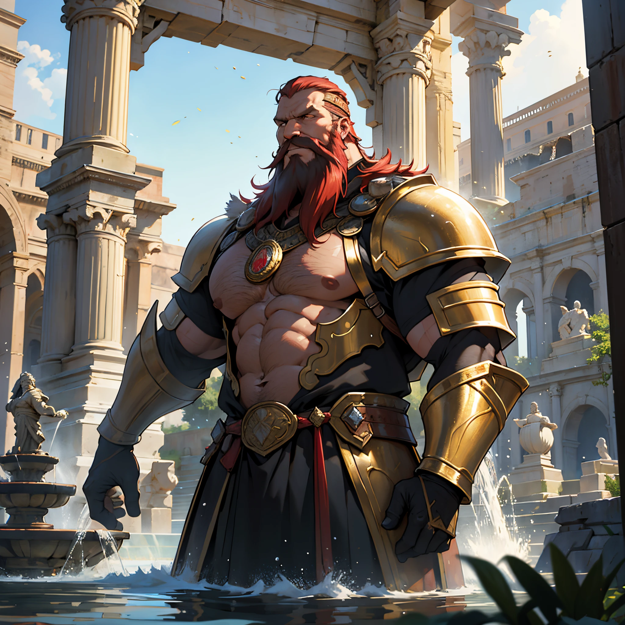 ​masterpiece, Best Quality, 4k, Background with:in front of ancient rome fountain, The large, Red bald middle aged man with long beard., gold armor, Background with: in front of ancient rome fountain, Sharp impression, waterdrops