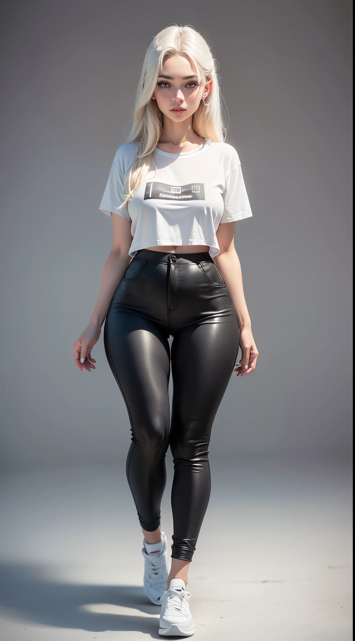 best quality, super fine, 16k, incredibly absurdres, extremely detailed, beautiful cute girl with cool model-like figure, silvery white short bob cut, bangs, white open-necked shirt, platinum piercings, platinum necklace, slender perfect proportion, black fashion baseball cap, black earrings, black choker, black jeans, black engineer boots