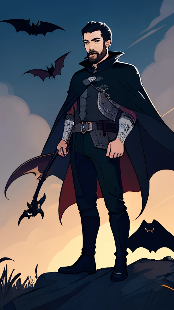 a cartoon of a man dressed as a vampire with bats in the background, digital marketing, arsen lupin as a paladin, clipart, skintight leather clothes, jett from valorant, royal cape, full profile, future clothing, mustache and soul patch, jon snow, werecrow