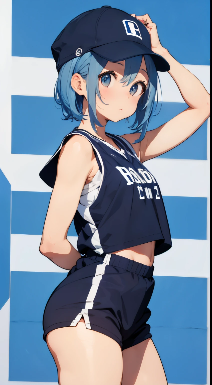 Random basketball player white skin girl, cool shooting on hoop shot with blue hair, happy, cute shy girl, sexy, slim, poser, tomboy, cool basketball court background, black binnie , cap