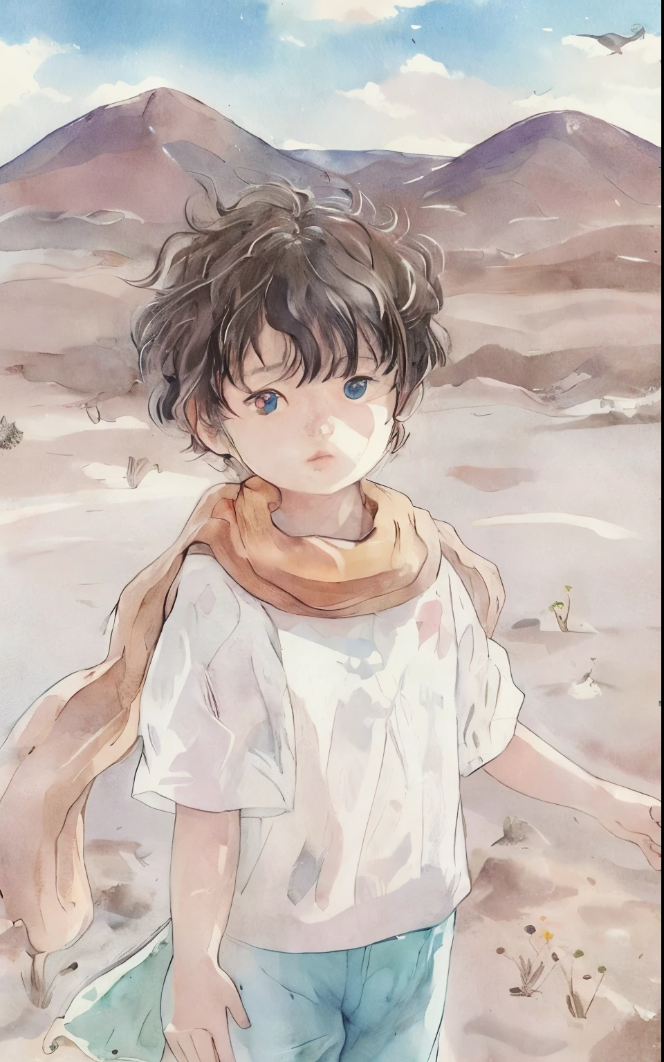 anime illustration of a girl with a scarf in a desert, laranja - menino anime cabelo, Luz suave nebulosa Yoshitaka Amano, Estilo no estilo anime ghibli, the little prince, Estilo no anime Ghibli, Ponyo Hayao Mitazaki, Arte Oficial, inspirado em Yumihiko Amano, Directed by: Naka Bokunen, Inspirado em Amano