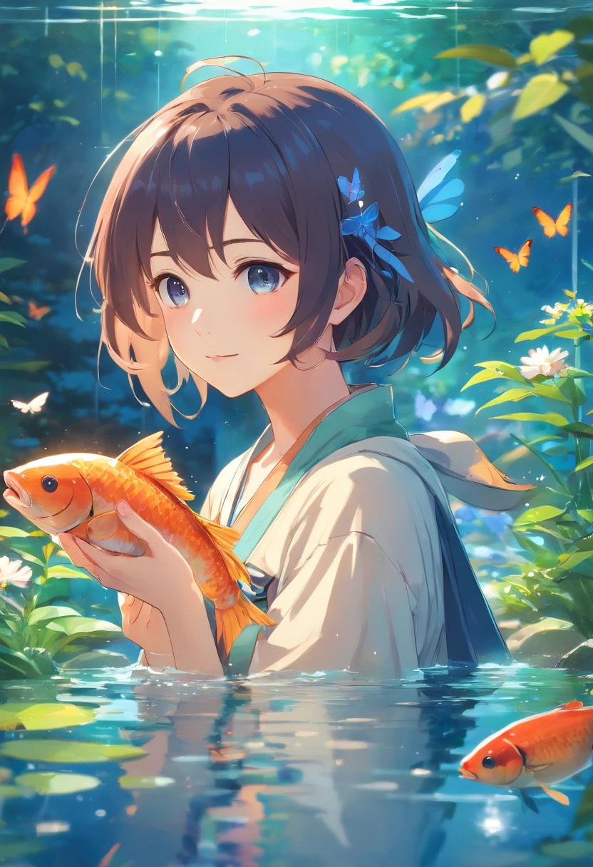 Anime girl holding a fish in a pond with flowers and butterflies, author:Hero, guweiz on pixiv artstation, Popular topics on artstation pixiv, Artgerm and Atey Ghailan, guweiz on artstation pixiv, Cute and detailed digital art, Artie Guéland 8K, Pixiv Contest Winner, Digital art on Pixiv