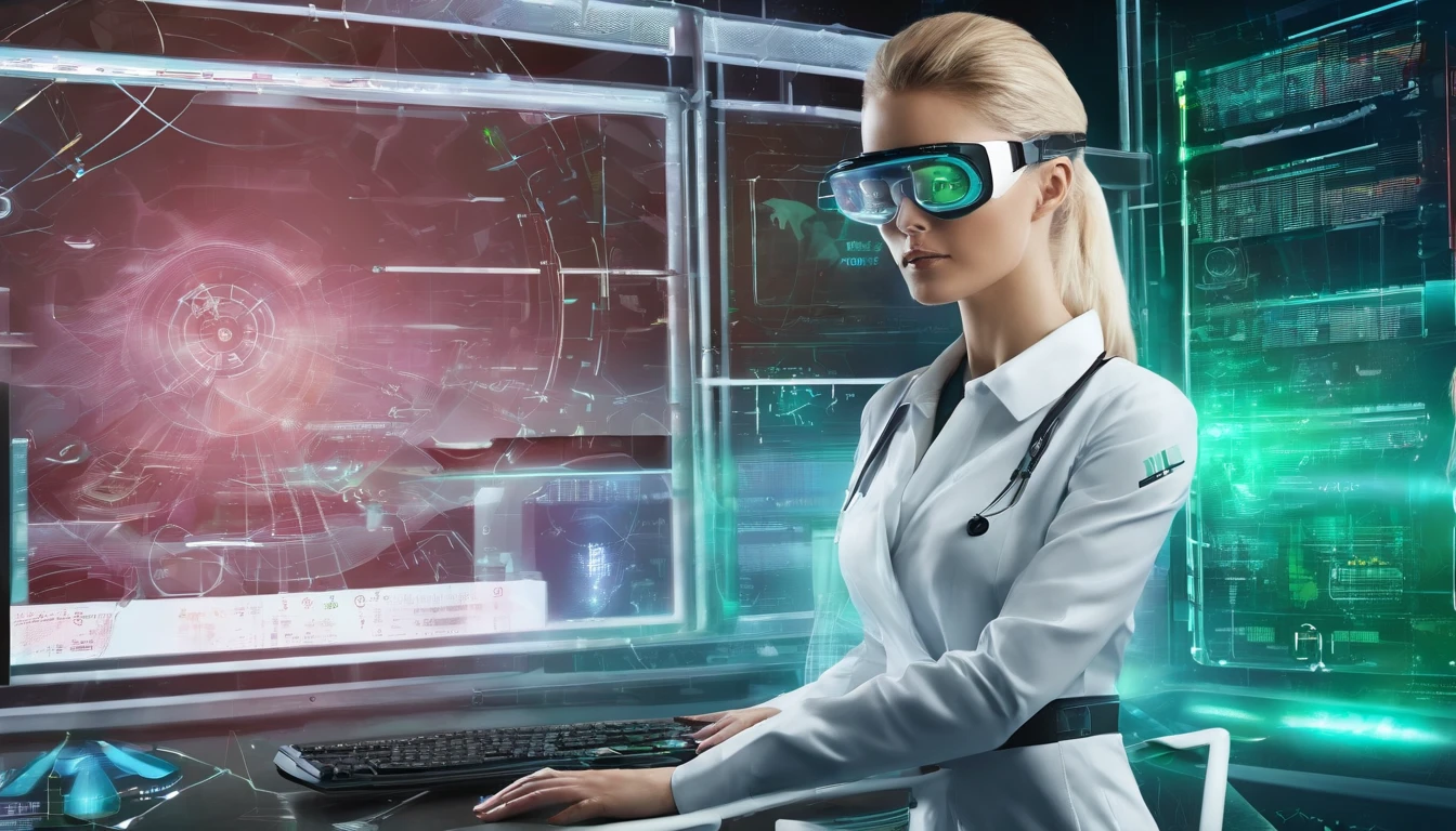 best quality,highres,(realistic,photorealistic:1.37),female blonde scientist,working on device,hovering AI assistant,busy laboratory,advanced technology,modern equipment,innovative research,concentration,focused expression,intelligent assistant,assisting with calculations,complex experiments,scientific discovery,powerful algorithm,real-time data analysis,exciting breakthroughs,computer interface,high-tech gadgets,goddess, latex outfit, ,goggles,precision instruments,green screen,high-tech laboratory,blueprints,lab safety,whiteboard with equations,team collaboration,flawless execution,groundbreaking discoveries,vivid colors,soft lighting,technical expertise,innovation at its peak, realistic