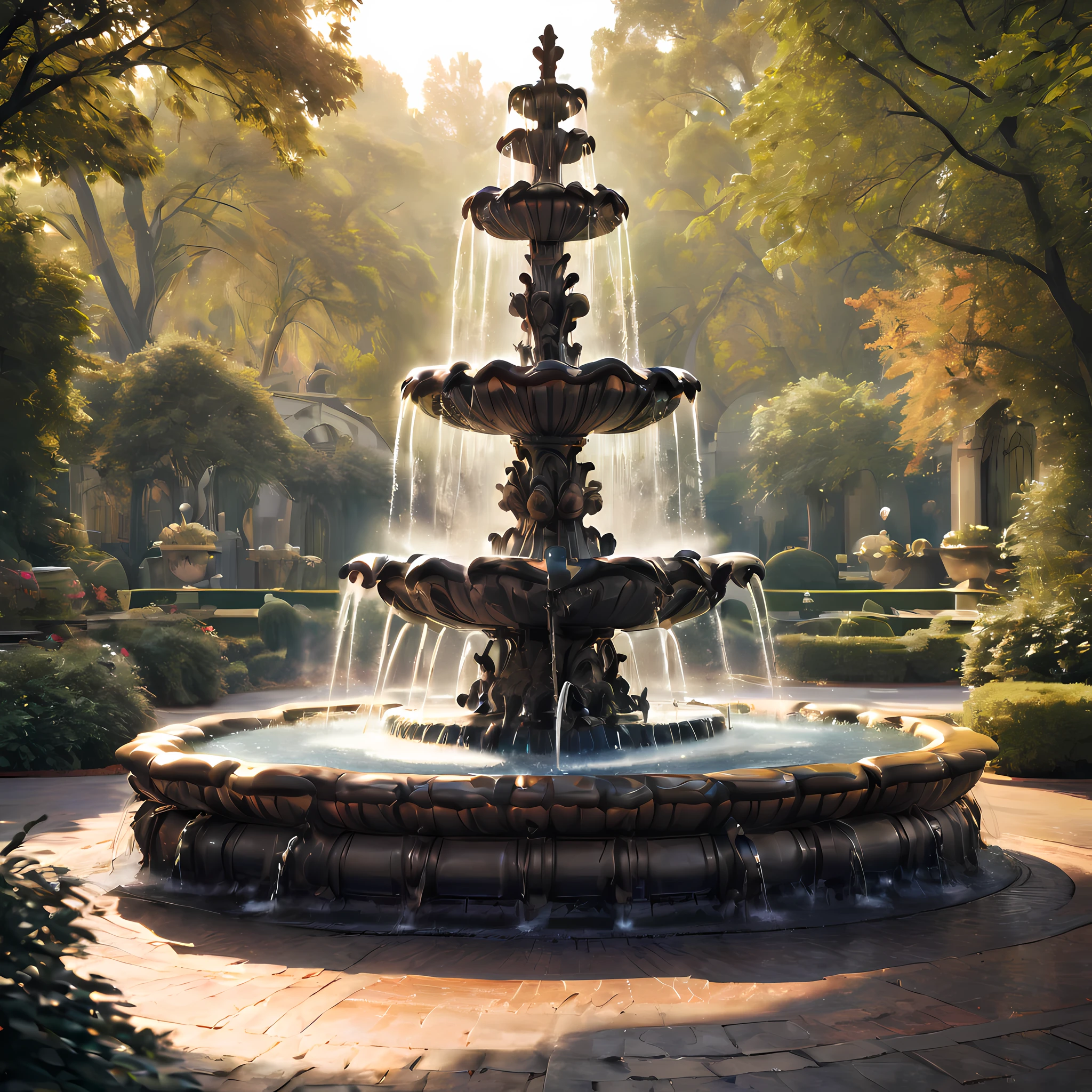 Photography of an enchanting water fountain in a serene park, with water cascading gracefully from tier to tier. The photograph captures the playfulness of the fountain, as droplets dance in the air, catching the sunlight and creating a dazzling display of prismatic colors. The composition highlights the intricate details of the fountain's design, showcasing its ornate sculptures and fine craftsmanship. The surrounding landscape is lush and vibrant, adding to the overall beauty and tranquility of the scene. This photograph, taken by acclaimed photographer Annie Leibovitz, captures the essence of the fountain's elegance and serves as a reminder of the soothing power of water in nature,((Best quality)), ((Masterpiece)), ((Realistic))